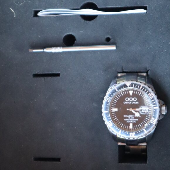 Out of Order Black Automatico Quaranta Watch (Black Dial/Brushed Steel Band) - Picture 3 of 6